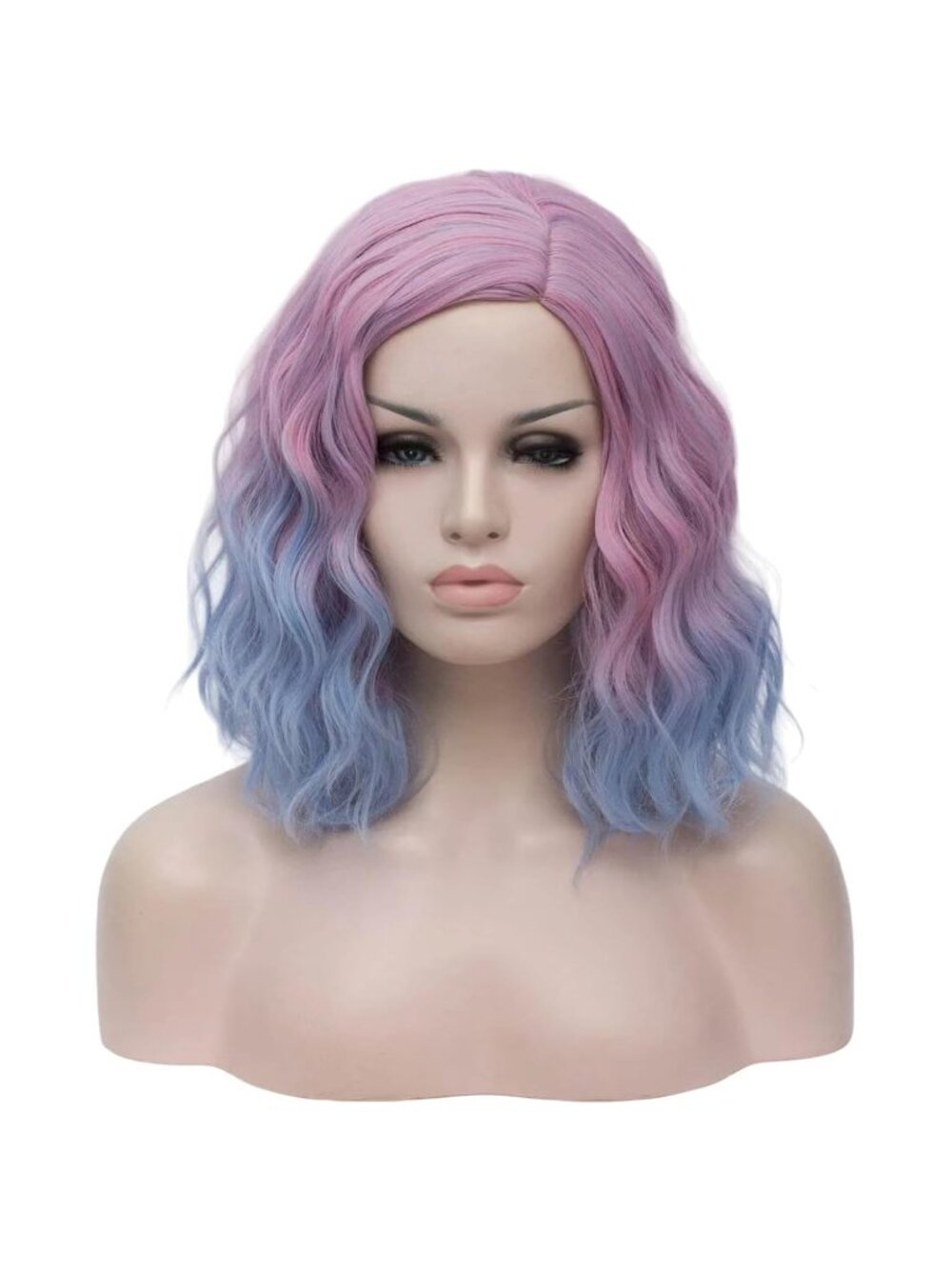 Women Pink Ombre Blue Heat Resitant Wavy Curly Cosplay Halloween Bob Party Wig